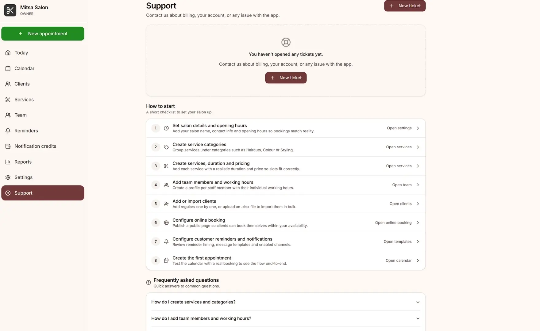 Salon Director support page with tickets, how-to-start checklist and FAQ