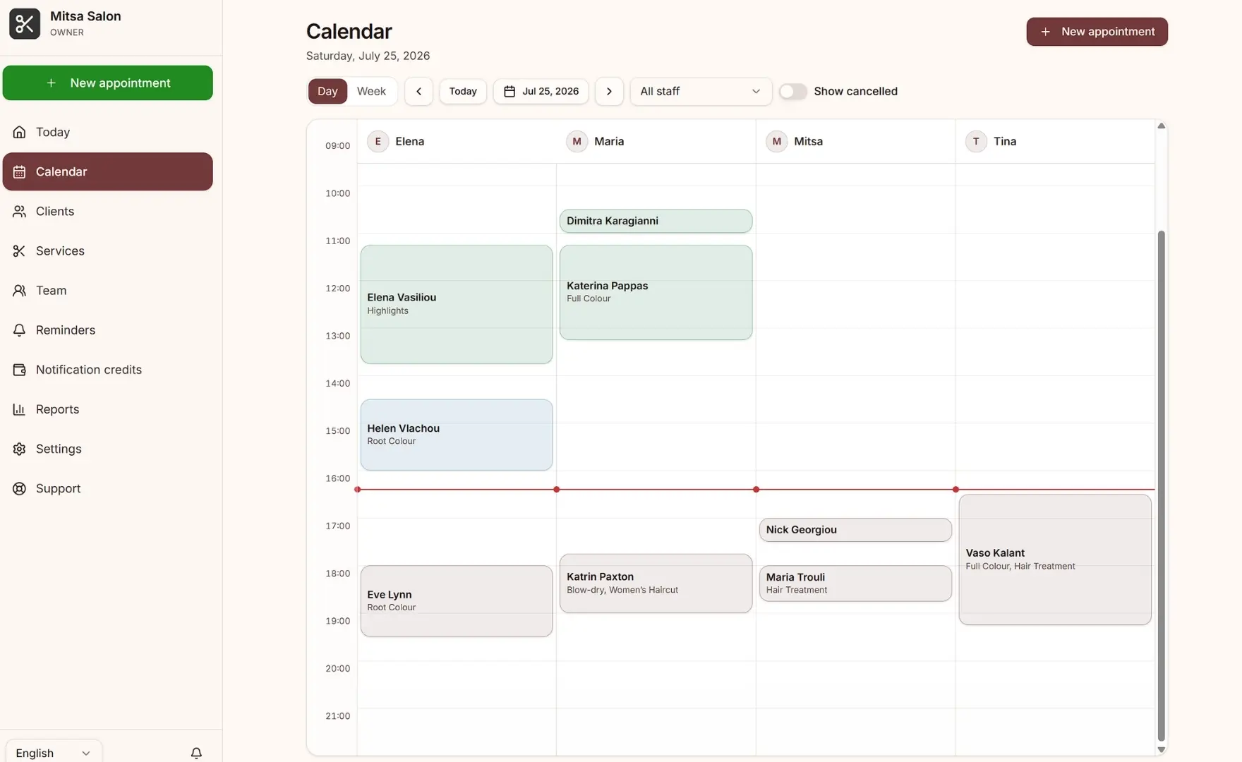 Salon Director calendar with staff columns and appointments