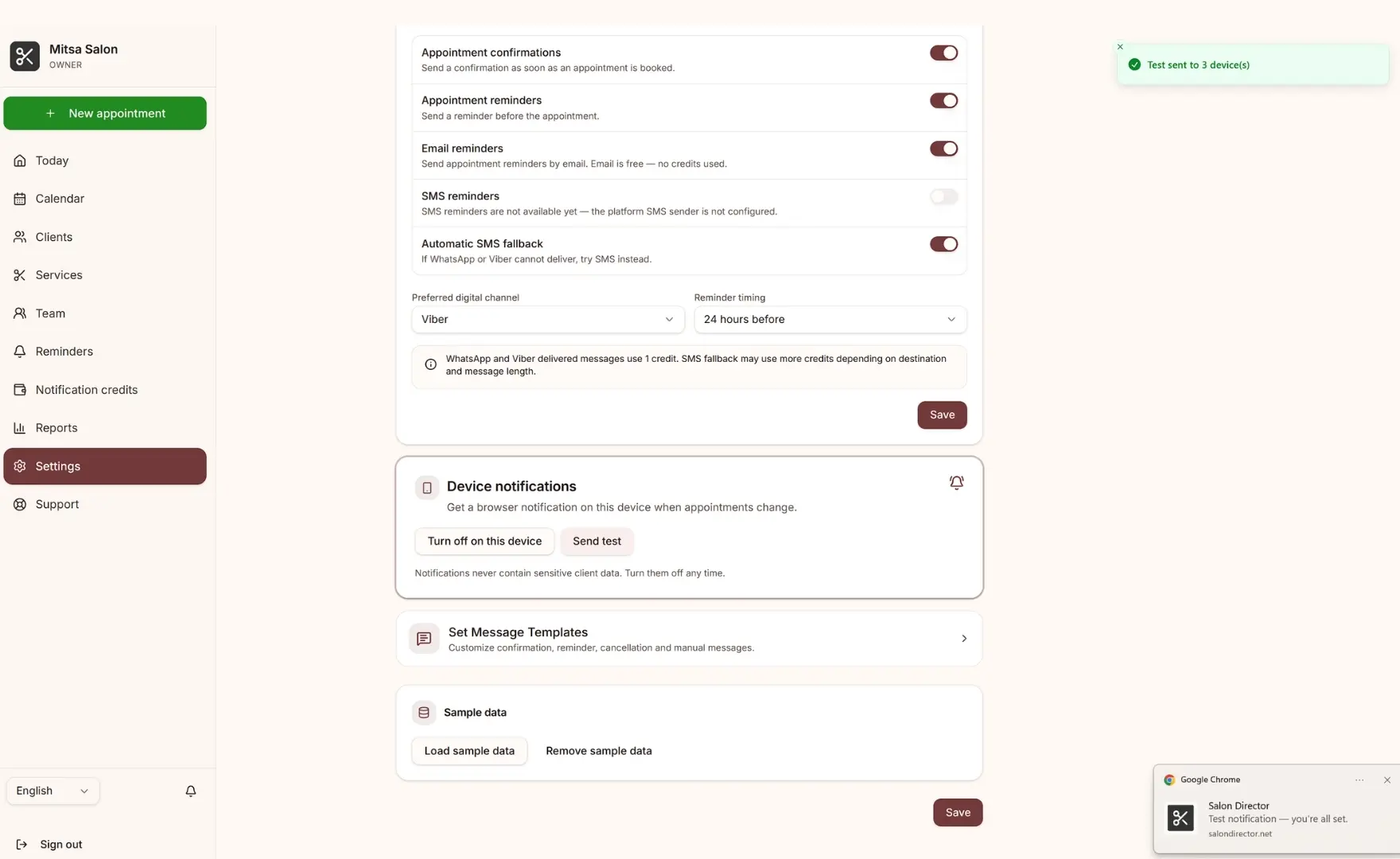 Salon Director notification settings with push, email and SMS options
